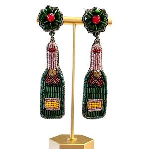 Beth Ladd Champagne Bottle Earrings, Beaded, Bubbly, Party, Statement Wine Chic